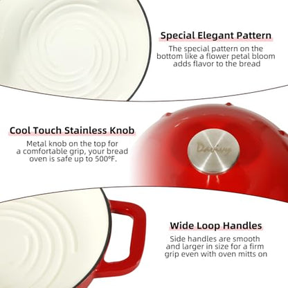 Davivy Sourdough Dutch Oven, 5QT Round Cast Iron Bread Oven, Bread Cloche Dutch Oven Bread Pan with Silicone Mini Pot Holders - Cherry Red