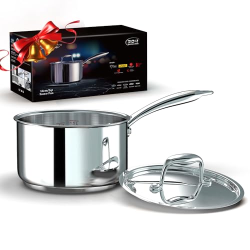 Ciwete 2 Quart Sauce Pan with Lid, Tri Ply Stainless Steel Saucepan 2 Qt with Stainless Steel Lid, 2 Measuring Lines, Upgraded Packaging, Cool Ergonomic Handle, Dishwasher & Oven Safe