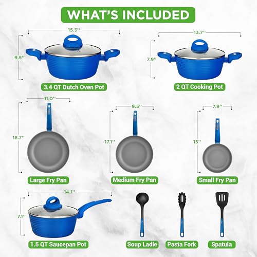 NutriChef 12-Pc Blue Nonstick Cookware Set - Professional Pots & Pans with Durable Coating, All Cooktops Compatible, Including Induction