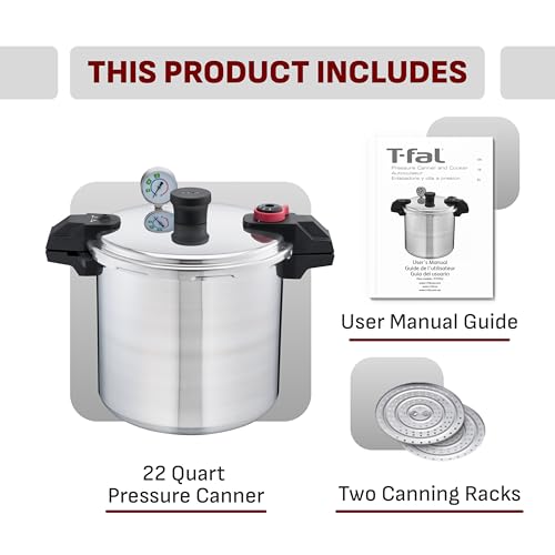 T-fal 22-Quart Aluminum Pressure Canner, 3 PSI Settings, Home Canning, Includes Racks & Canning Guide, Large Capacity, Pressure & Water Bath Canning for Vegetables, Meats, Seafood & Fruits, Silver