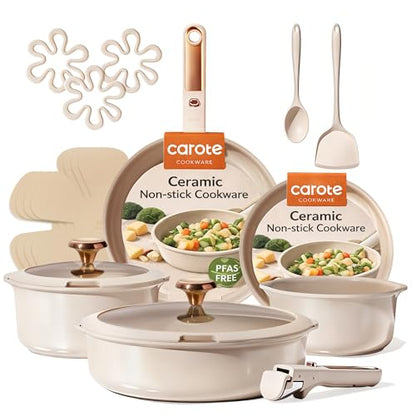 CAROTE 18Pcs Ceramic Cookware Set with Detachable Handle, Pots and Pans Set Non Stick, Non Toxic Cookware Set Removable Handles, Induction Kitchen Cookware Sets, Dishwasher/Oven Safe
