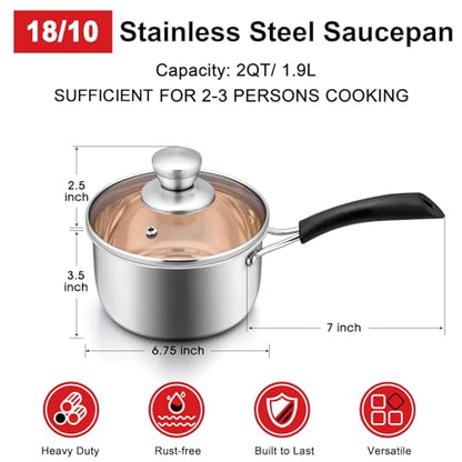 2 Quarts 18/10 Stainless Steel Saucepan, Joyfair Small Sauce Pan Milk Pot with Glass Lid for Cooking Stewing Boiling Spaghetti Soup, Extra Pan Wall & Heat-proof Bakelite Handle, Dishwasher Safe