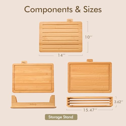 Coktaseleg Bamboo Cutting Boards for Kitchen Set of 3, Large 14’’ x 10’’ with Holder, Wooden Cutting Board with Juice Groove & Labels for Meat Vegetables Bread