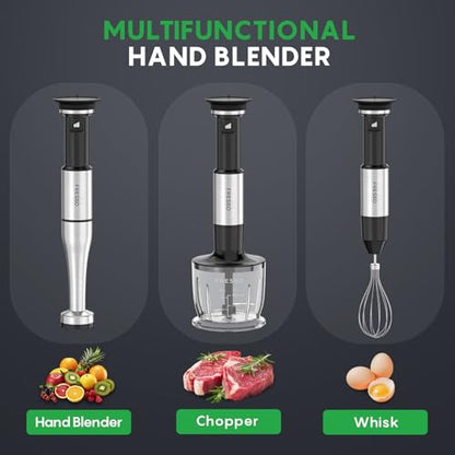 FRESKO Immersion Blenders Handheld, Variable Speed Trigger, 4-In-1 Stainless Steel Hand Blender with Food Chopper, Egg Whisk & 24oz Beaker, Stick Mixers for Baby Food, Soups, Smoothies, Sauce
