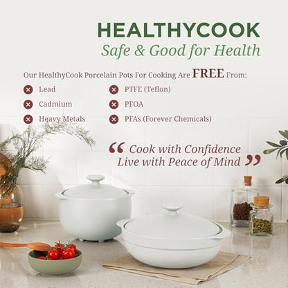 MINH LONG 2-Qt Porcelain Dutch Oven with Lid – Lead & Cadmium Free, Oven Safe to 482°F, Heat Retention, Clay Pot for Cooking on Gas & Infrared Cooktop, Use to Marinate, Cook, Bake, Refrigerate & Serve