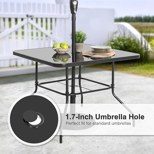 NUU GARDEN 5 PCS Patio Dining Set, Metal Outdoor Table and Chairs, with 4 Stackable Chairs and 31.5’’ Square Table with Umbrella Hole, Outdoor Dining Set for Lawn, Balcony, Garden, Black and Brown