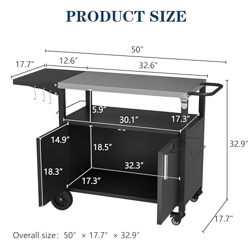 JY QAQA Outdoor Grill Cart with Storage,Patio Kitchen Island Outdoor Grill Table with Wheels,BBQ Cart Movable Pizza Oven Table Stand, Storage Cabinet, Foldable Tabletop, (Black)