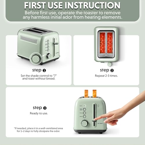 BUYDEEM DT620 2-Slice Toaster, 7 Shade Settings, Extra Wide 1.5'' Slots for Bagel & English Muffin, 6 Toasting Functions, Retro Stainless Steel Toaster with High Lift Lever, Cozy Greenish
