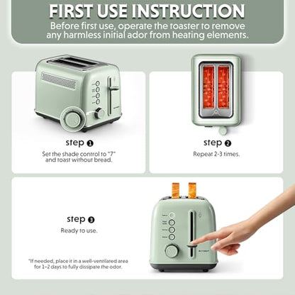 BUYDEEM DT620 2-Slice Toaster, 7 Shade Settings, Extra Wide 1.5'' Slots for Bagel & English Muffin, 6 Toasting Functions, Retro Stainless Steel Toaster with High Lift Lever, Cozy Greenish