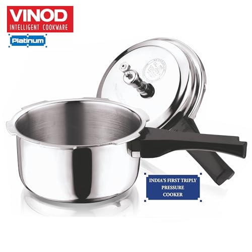 Vinod Platinum Triply Stainless Steel Outer Lid Pressure Cooker 1.5 Litre/Gasket Release System/Induction and Gas Base Cooker/ISI Certified- Silver