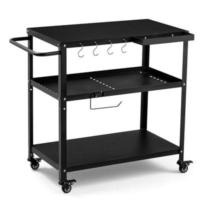GVGBUK Outdoor Grill Cart Table,Indoor and Outdoor Pizza Oven Table,with 4 Movable Total Lock Casters, Hooks, Side Handle Multifunctional (Black) (Black)