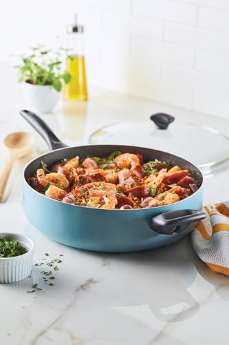 Farberware Dishwasher Safe Nonstick Jumbo Cooker/Saute Pan with Helper Handle -Aluminum, 6 Quart, Blue