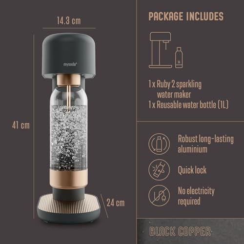 Mysoda Ruby 2 Sparkling Water Maker - Silent and Long-Lasting Aluminium Soda Maker with 1L Water Bottle - Without CO2 Cylinder - Black Copper