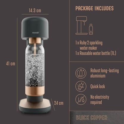 Mysoda Ruby 2 Sparkling Water Maker - Silent and Long-Lasting Aluminium Soda Maker with 1L Water Bottle - Without CO2 Cylinder - Black Copper