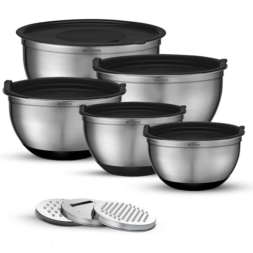 Belwares Mixing Bowls with Lids Set of 5 - Stainless Steel Mixing Bowl Set, Kitchen Nesting Metal Bowls with Non Slip Bottoms + 3 Grater Attachments, Airtight Lids, Food Prep + Storage, Matte Black