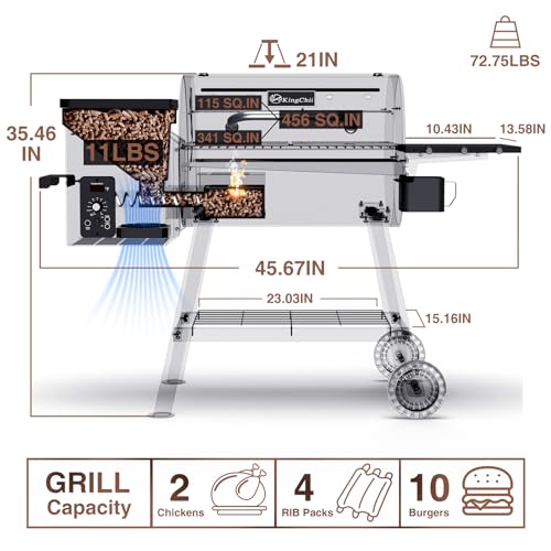 KingChii Electric Wood Pellet Grill & Smoker with Side Shelf, 456 SQ.IN Grill Capacity, with PID Temperature Control (180-425°F) for Backyard Camping Bake and Roast, Black