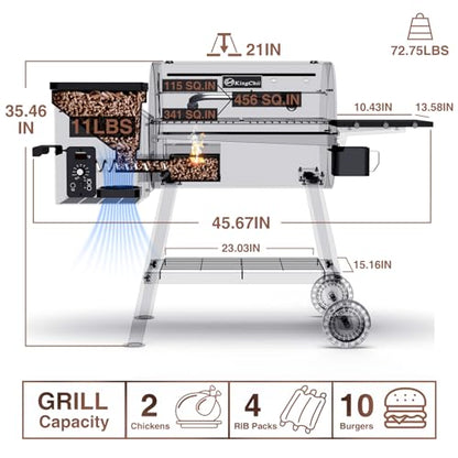 KingChii Electric Wood Pellet Grill & Smoker with Side Shelf, 456 SQ.IN Grill Capacity, with PID Temperature Control (180-425°F) for Backyard Camping Bake and Roast, Black