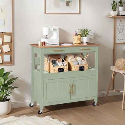 Best Choice Products 36in Large Rolling Kitchen Island Cart, 2-Door Cabinet, 2 Drawers, Pull-Out Shelf, Power Outlet, Hooks, & Swivel Lockable Wheels - Pistachio Green