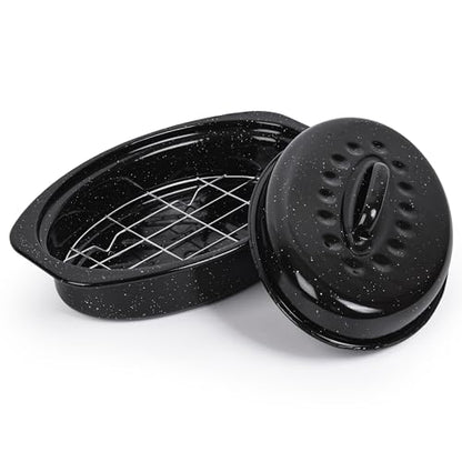 13” Roaster Pan with Lid and Rack, Small Enamel Roaster Pan with Oval Roasting Rack, Granite Baking Pot for Chicken Turkey Lamb, Heat Resistant, Oven/Dishwasher/All Stovestops Compatible
