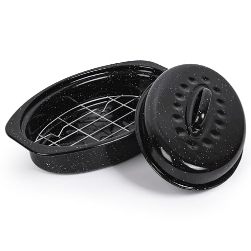 13” Roaster Pan with Lid and Rack, Small Enamel Roaster Pan with Oval Roasting Rack, Granite Baking Pot for Chicken Turkey Lamb, Heat Resistant, Oven/Dishwasher/All Stovestops Compatible