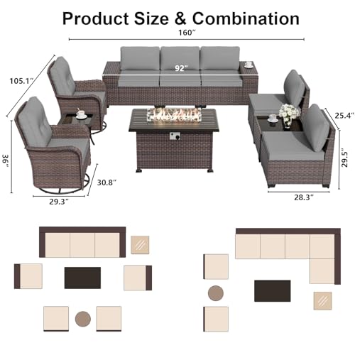 ALAULM 10 Pieces Outdoor Patio Furniture Set with 2 Swivel Chairs Outdoor Furniture Patio Sectional Sofas with 55000 Gas Fire Pit Patio Conversation Set w/7 Cushions-Grey