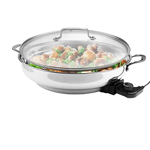 XL Electric 16" Skillet By CucinaPro- 18/10 Stainless Steel Frying Pan with Tempered Glass Lid and Handle, Round with Adjustable Temperature Control Probe, Portable, Includes Recipe Guide, Great Gift
