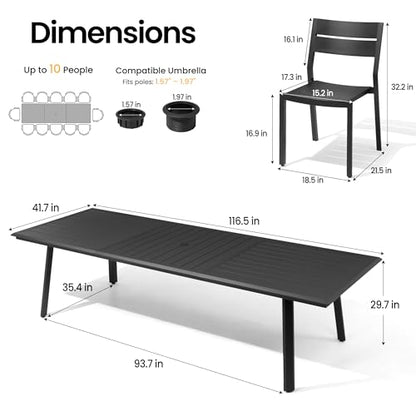 PATIOHIT 13-Piece Aluminum Outdoor Dining Set, 116" Extra Large Rectangular Patio Table and Stackable Armless Chairs Rust Proof Furniture for Family Gatherings BBQs Parties, Black