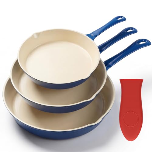 Hteizpz Enameled Cast Iron Skillet 3-Piece Set, Nonstick Heavy-Duty 11", 10", 8.6" Frying Pan, Oven & Induction Safe, Cookware for Gas, Electric, Ceramic Stovetops, Blue