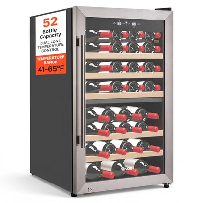 VEVOR 52 Bottle Wine Fridge, Freestanding Wine Cooler Refrigerator, Dual Zone Cooler, 41℉ to 65℉ Adjustable Temp Mini Cellar, Glass Door, For Home Office Bar, Red White Champagne or Sparkling Wines