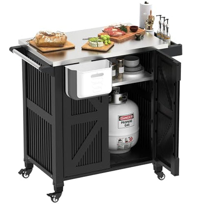IWDOO Outdoor Kitchen Island with Storage Cabinet, Movable Grill Cart with Stainless Steel Countertop, 4 Swivel Wheels, PP Material Rolling BBQ Food Prep Table Cart for Patio, Poolside, Black