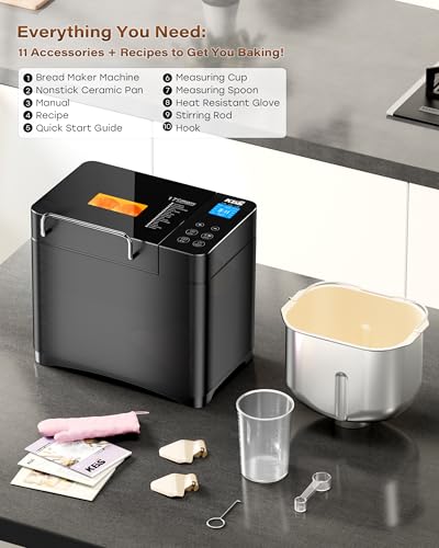 KBS Premium 2LB Convection Bread Maker Dual Heaters, 710W Stainless Steel 17-in-1 Bread Machine Healthy Ceramic Pan, Nut Dispenser,Touch Panel, 3 Loaf Sizes 3 Crust Colors, 15H Timer,Low Noise,Recipes