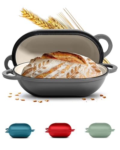 ROSSALLINI Signature Enameled Cast Iron Sourdough Bread Oven | Non-Stick with Tight Fitting Lid for Perfect Baking and Bread Making | 2QT Oval Oven With Lid [Oyster Grey]