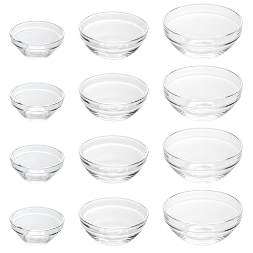 Iyulania 3 Sizes of Clear Glass Bowls, 2.5, 3.5 & 8.5 oz, Small Prep Bowls for Salt, Herbs, Spices and Dry Ingredients, Set of 12