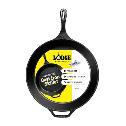 Lodge Seasoned Cast Iron Skillet 15 Inches - Frying Pan for the Stove, Grill or Campfire - Cooks Evenly - Features Easy-Grip Teardrop Handle - Non-Toxic, Nonstick & Long-Lasting