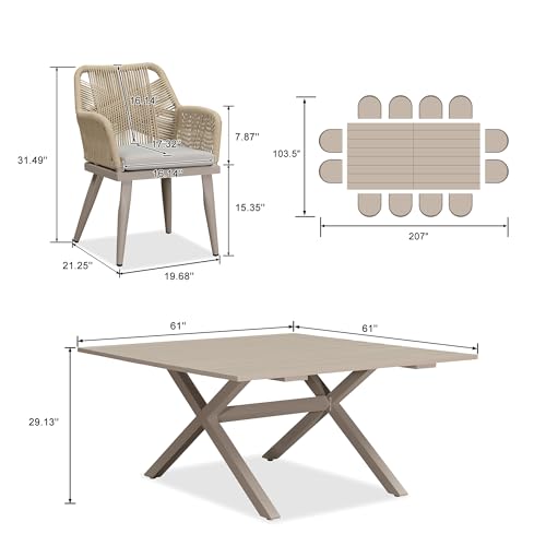 PURPLE LEAF 14 Pieces Outdoor Patio Dining Set All-Weather PE Rattan Furniture Set with All Aluminum Frame Rectangular Table and Chairs Set for 12 People Lawn Garden Backyard Deck, Champagne