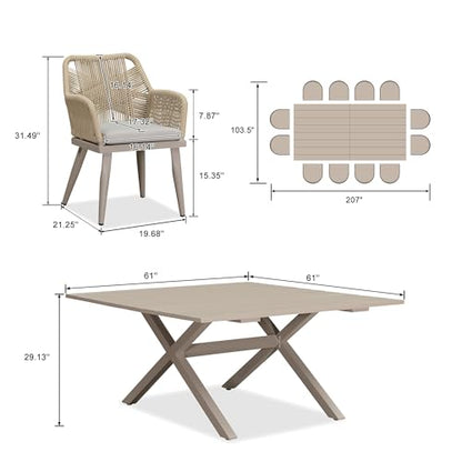 PURPLE LEAF 14 Pieces Outdoor Patio Dining Set All-Weather PE Rattan Furniture Set with All Aluminum Frame Rectangular Table and Chairs Set for 12 People Lawn Garden Backyard Deck, Champagne