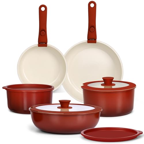 GIPP 11PCS Ceramic Pots and Pans Set Non Stick, Nonstick Cookware Set Detachable Handle, Red Black Gradien Pots and Pans Induction Kitchen Cooking Sets, RV Cookware Sets for All Stoves