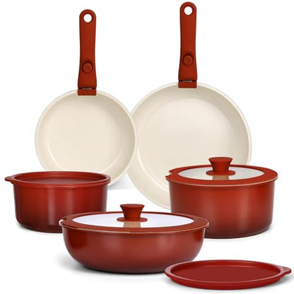 GIPP 11PCS Ceramic Pots and Pans Set Non Stick, Nonstick Cookware Set Detachable Handle, Red Black Gradien Pots and Pans Induction Kitchen Cooking Sets, RV Cookware Sets for All Stoves