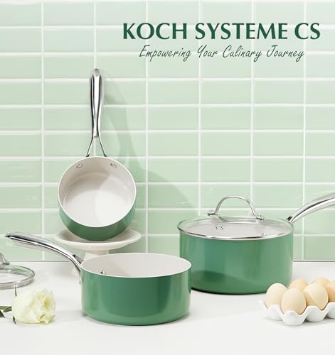 KOCH SYSTEME CS Nonstick Sauce Pan with Lid 1QT, 2QT & 3QT, Ceramic Saucepan Set 6Pcs, Non-Toxic Saucepan Set, Cooking Pots Set, Oven Safe & Induction Compatible, Green
