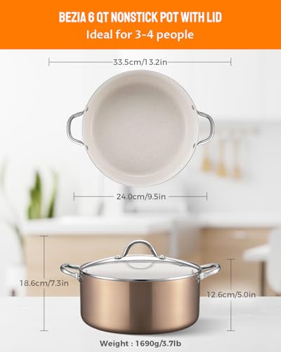 BEZIA 6 Quart Nonstick Stock Pot with Lid, Induction Cooking Pot Pot for All Stovetops, Non-toxic and Oven Safe, PFOA PFAS Free, Golden