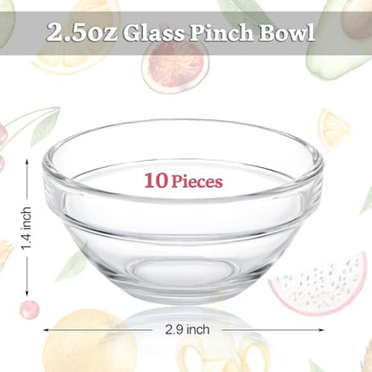 PARBEE 3" Clear Glass Pinch Bowls, 10 Pack 2.5oz Small Prep Dishes Stackable Ingredient Bowls for Spices Dipping Sauces Ice Cream Toppings, Dishwasher Microwave and Freezer Safe