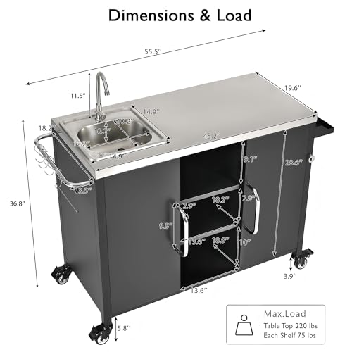Amposei Outdoor Grill Table Bar Cart with Stainless Steel Sink, Metal Rolling Kitchen Island on Lockable Wheels, Food Prep Station with Storage Cabinet for Patio, Garden, Porch, Balcony, Black