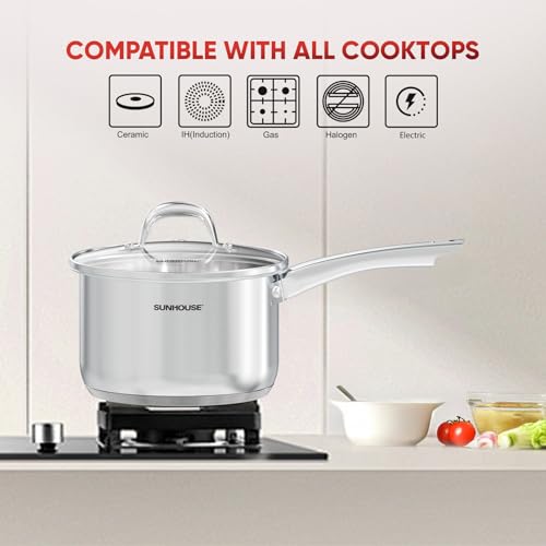 Sunhouse 2 QT Stainless Steel Sauce Pan with Lid, Small Pot for Cooking, PFOA-Free, Advanced Impact Bonding Induction Base Mini Saucepan, Compatible with Induction, Ceramic, Gas