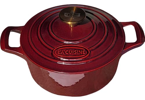 La Cuisine Enameled Cast Iron Dutch Oven Casserole Dish Pot with Lid, 2.1 QT 7.9“ /20cm Dia. Internal Matt Black Enamel Coating, Gold-Plated SS Lid Handle Oven Safe up to 500° F, Cranberry