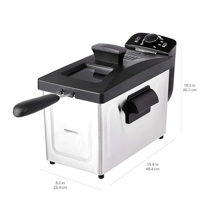 Amazon Basics 3.2-Qt (3.0L) Electric Deep Fryer with Adjustable Temperature Control, Easy Draining Basket, Viewing Window, Fast-Heating 1500W, Stainless Steel Exterior, Black & Silver