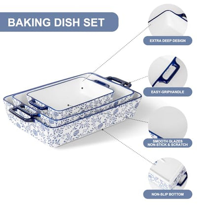 Cerkik Ceramic Bakeware Set - Casserole Dish Baking Dishes for Oven - Rectangular Lasagna Pans with Handles for Kitchen Cooking - Microwave & Dishwasher Safe - Set of 3 (15.1''/13.6''/9.9'') - Blue