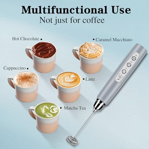 BSRGMS Milk Frother Handheld for Coffee, Electric Whisk 3 Speed Adjustable, Drink Mixer with Stainless 3 Whisks, Rechargeable Hand Frother Wand, Foam Maker for Latte Cappuccino Hot Chocolate Egg