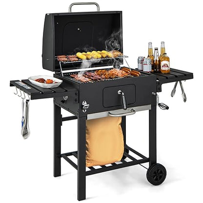 HAPPYGRILL Charcoal Grill, Heavy Duty Cooking Grill with 2 Foldable Side Tables, 8 Hooks, Storage Shelf, 2 Wheels, Flame Control, Outdoor BBQ Grill for Picnic Party Camping Backyard Patio