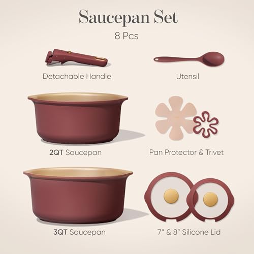 CAROTE 2.0Qt & 3.0Qt Titanium Nonstick Reinforced Sauce Pan Sets with Lid, Non-Stick Saucepans Cookware Set with Pour Spout with Detachable Handle, PFOS, PFOA Free, Induction Comptable, Burgundy