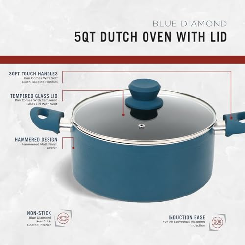Prime Cuisine 5 QT Dutch Oven with Lid, Nonstick Cookware, Soft Touch Handles, Induction Base, Ideal for Stews, Soups, and Roasts